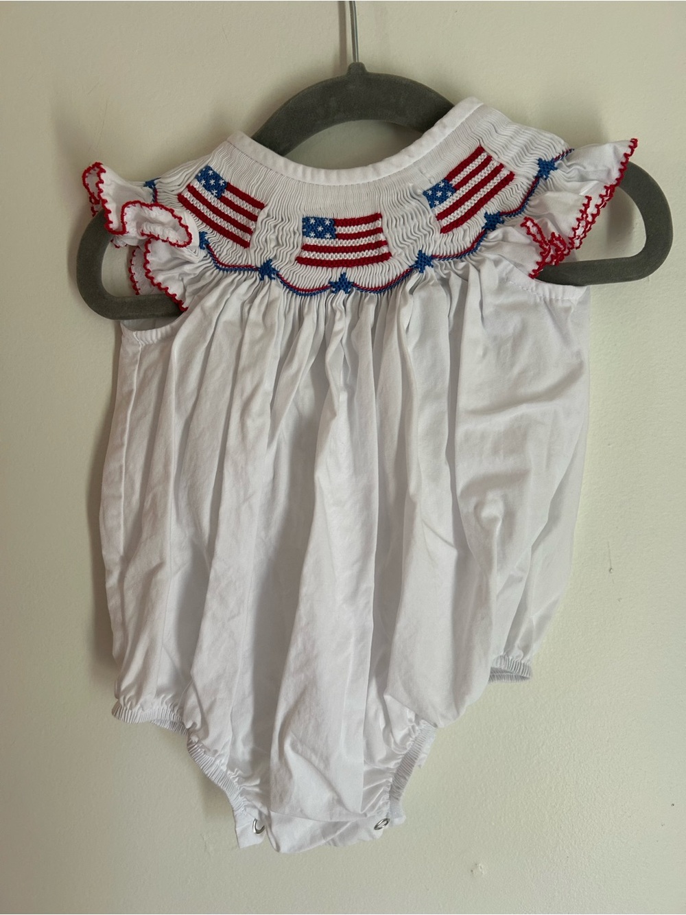 White Girls' Smocked One-Piece with Patriotic Flag Detail